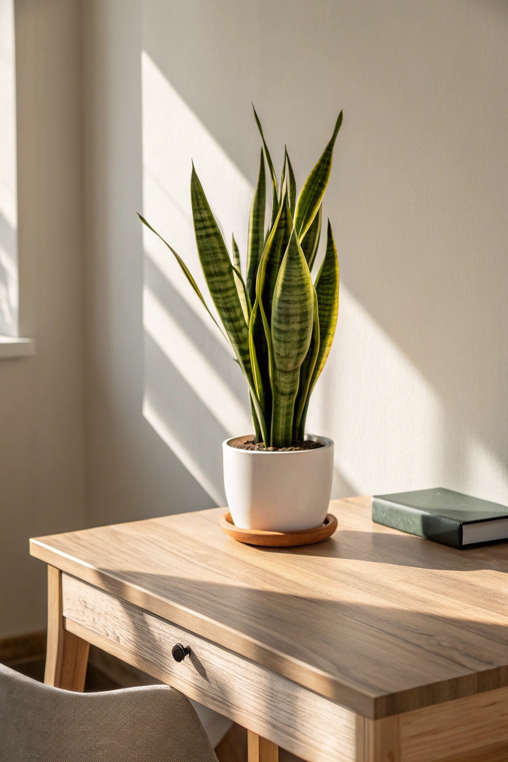 Breathe new life into your workspace with a simple, beautiful potted snake plant.