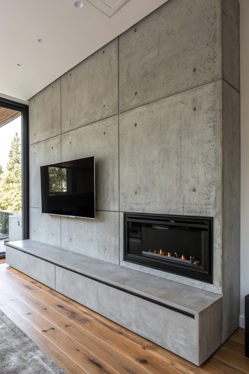 Industrial chic: a minimalist concrete fireplace wall with a seamlessly mounted TV for effortless style.