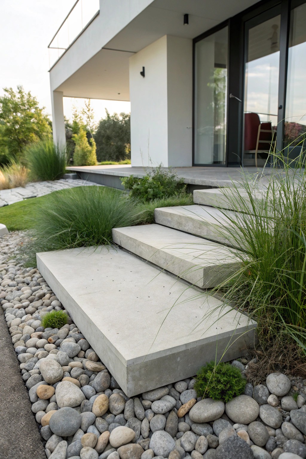 Sleek floating concrete step—modern entryway magic.