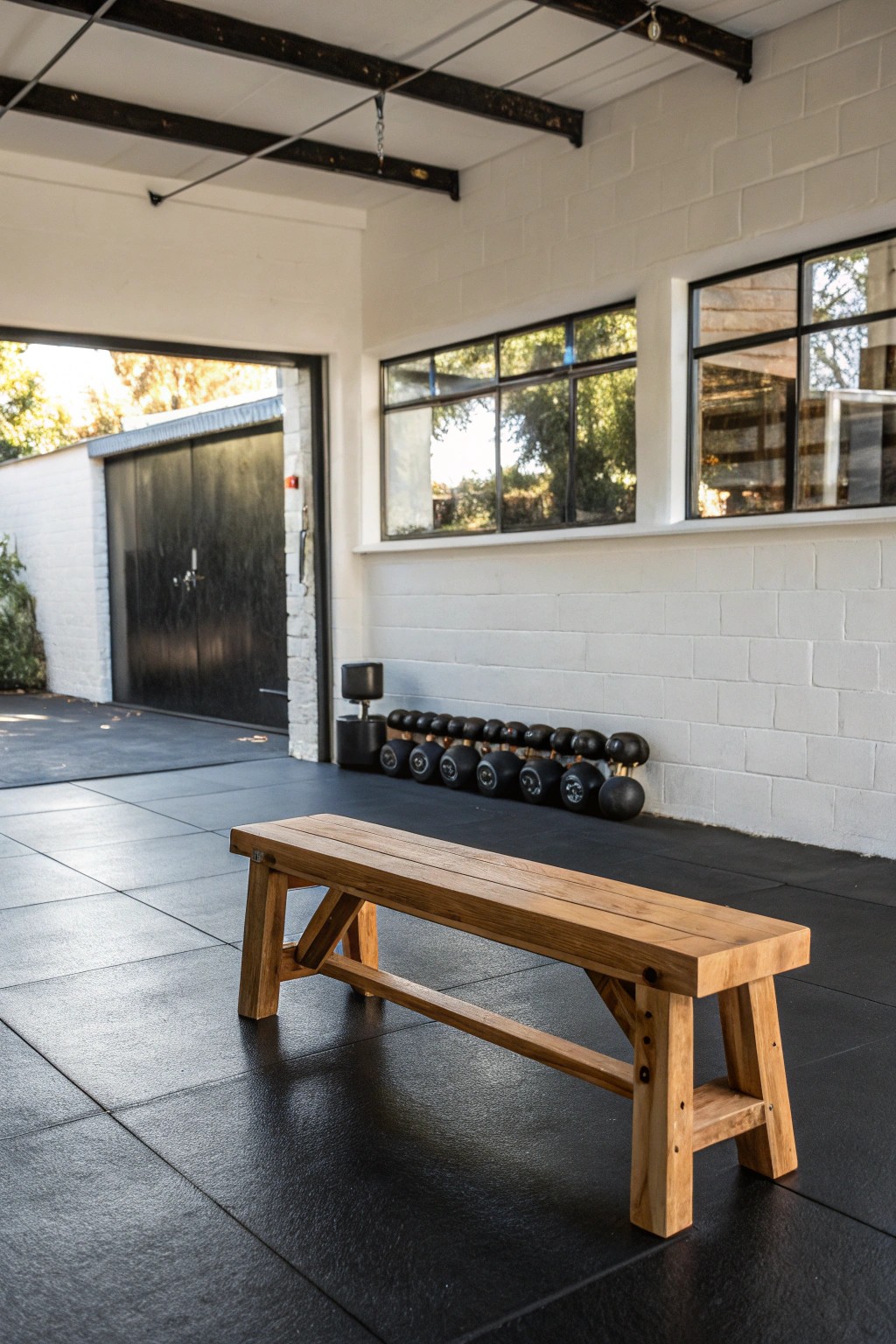 A beautifully crafted wooden bench anchors this serene garage gym retreat.