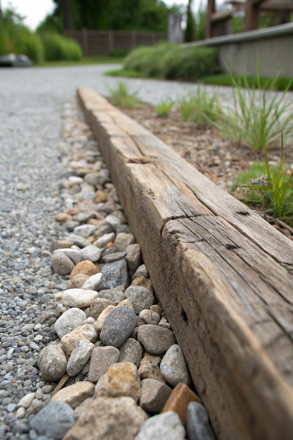 Rustic charm: Reclaimed wood edging brings natural beauty to your gravel driveway.