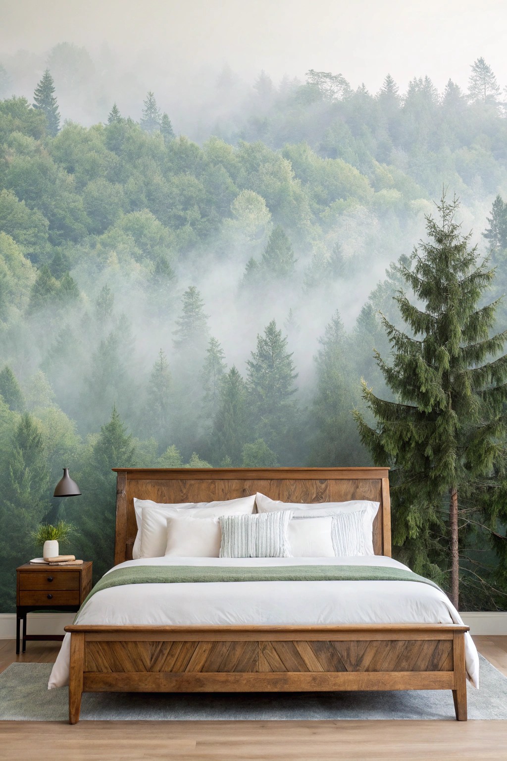 Transform your bedroom into a tranquil retreat with a dreamy foggy forest mural.