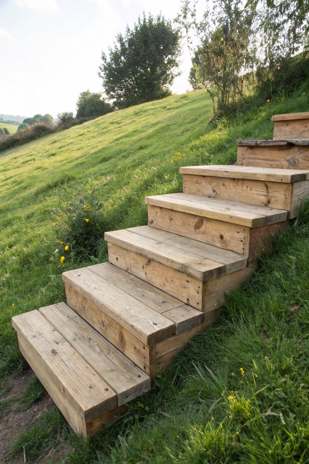 Turn salvaged pallet wood into charming hillside steps—simple, natural, and full of character.