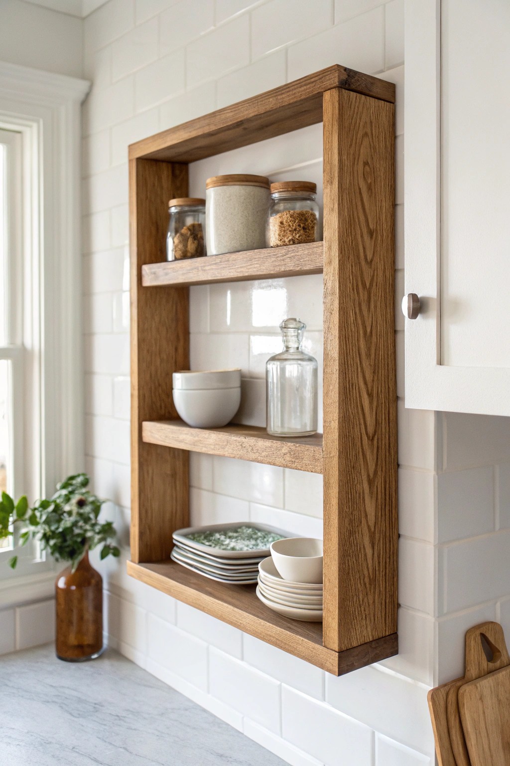 Effortless style: A natural wood open shelf brings warmth and function to your kitchen wall.