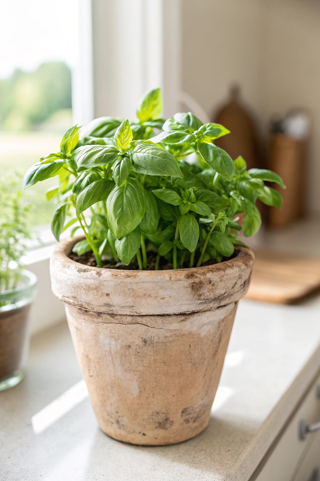 Bring natural beauty to your kitchen with a single potted basil in a handmade clay pot.