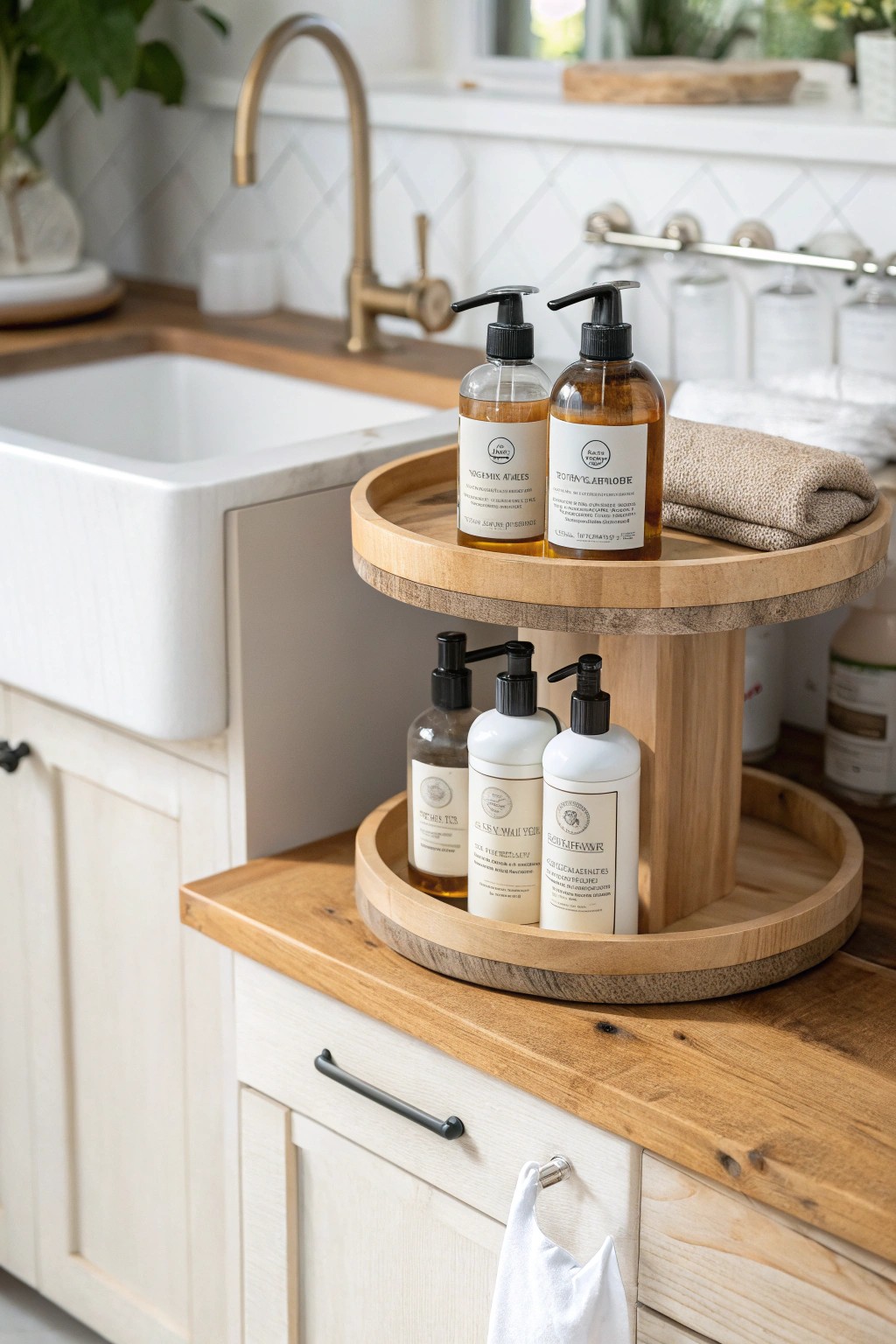Elevate your laundry room: a beautifully crafted tall turntable maximizes under-sink storage with effortless style.