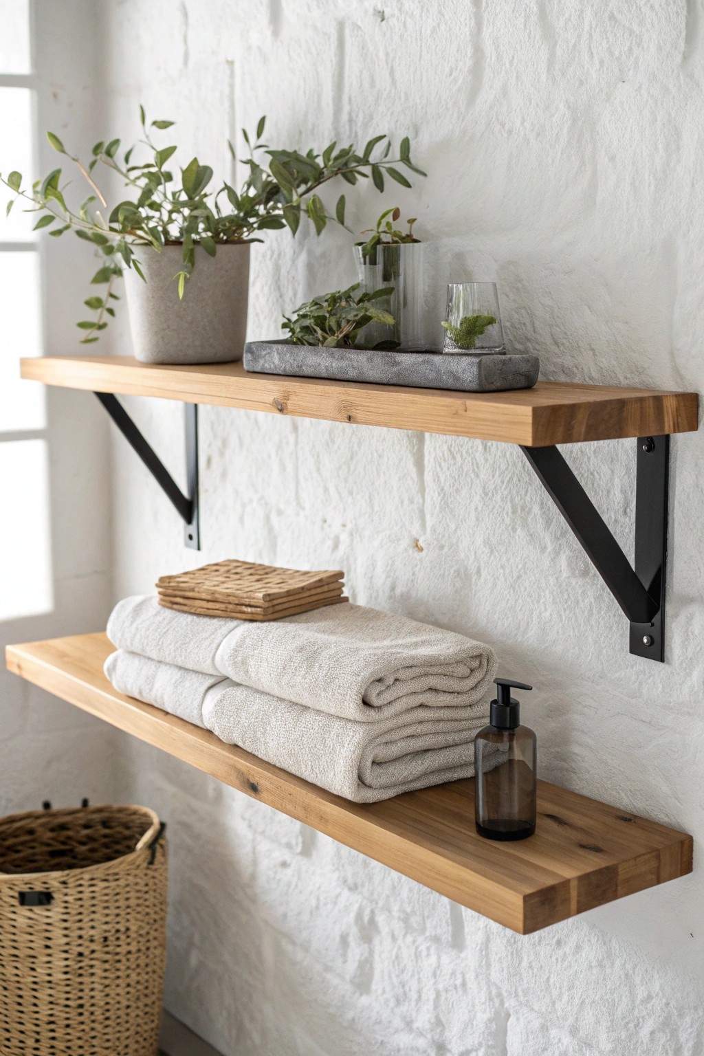 Effortless elegance: blending wood and metal for a timeless laundry room shelf.