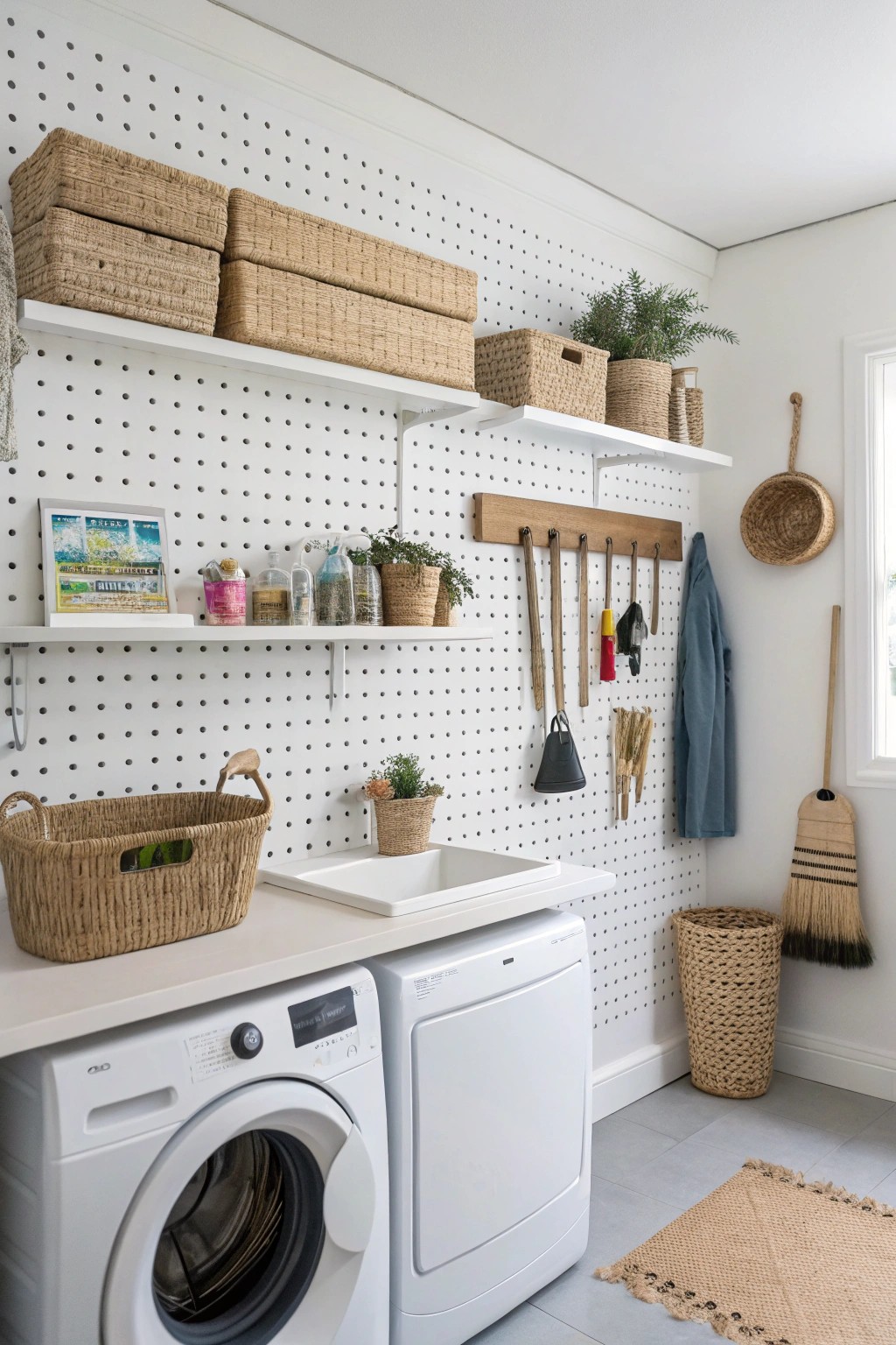 Pegboards offer flexible storage for all your laundry tools.