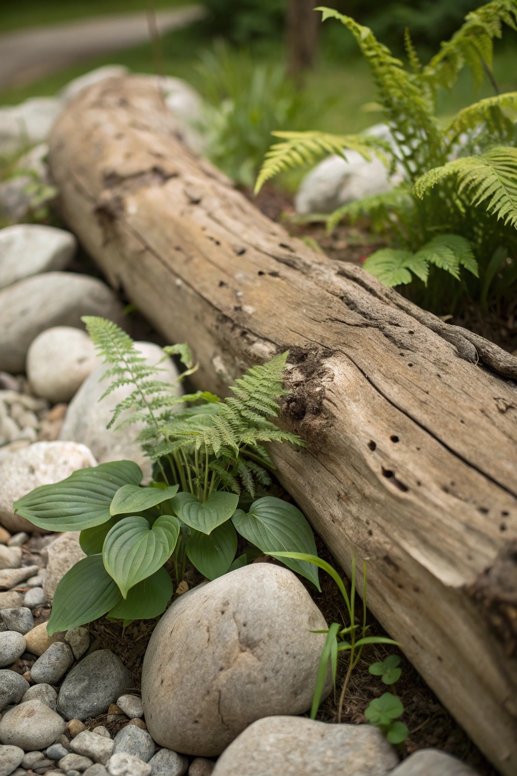 Effortless woodland charm: a rustic log and rock mix for your low-maintenance garden.