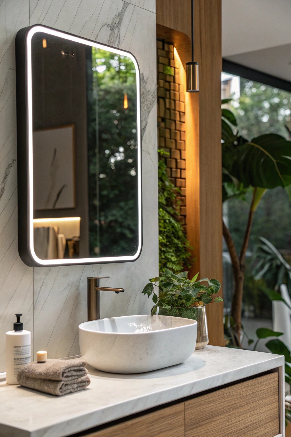Effortless luxury: a smart mirror elevates the modern master bathroom.