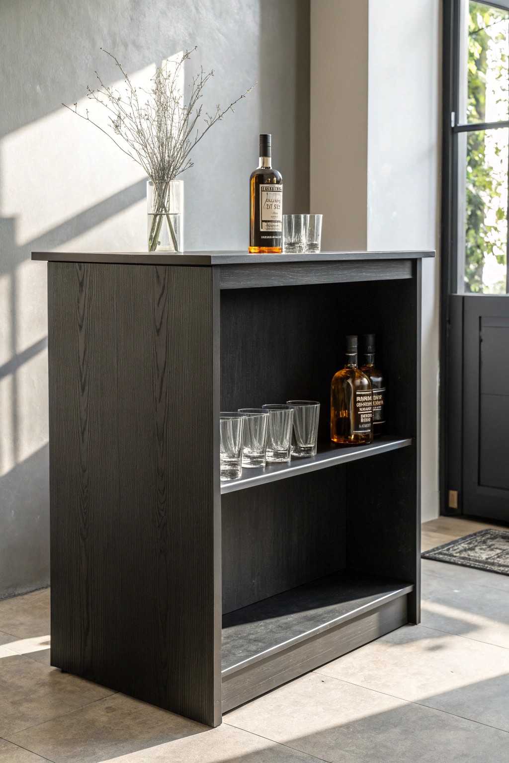Simplicity meets style: a modern minimalist bar for your man cave.