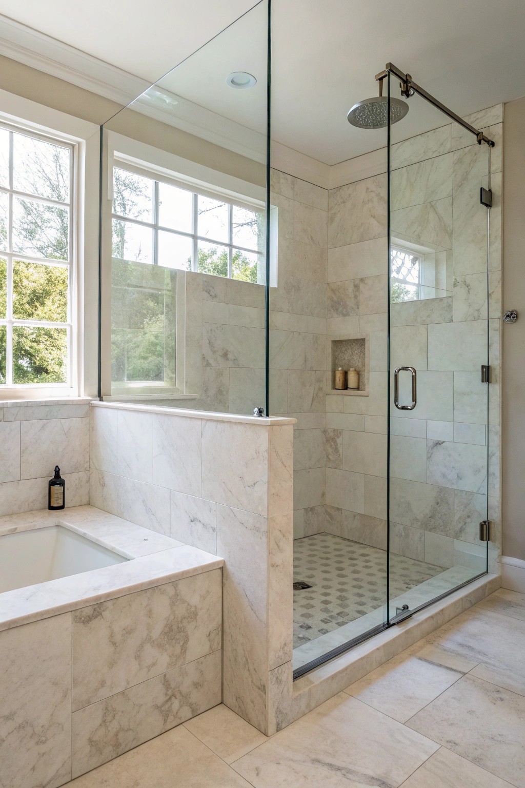 Effortless elegance: A half-wall & glass divider brings privacy and light to your dream shower.