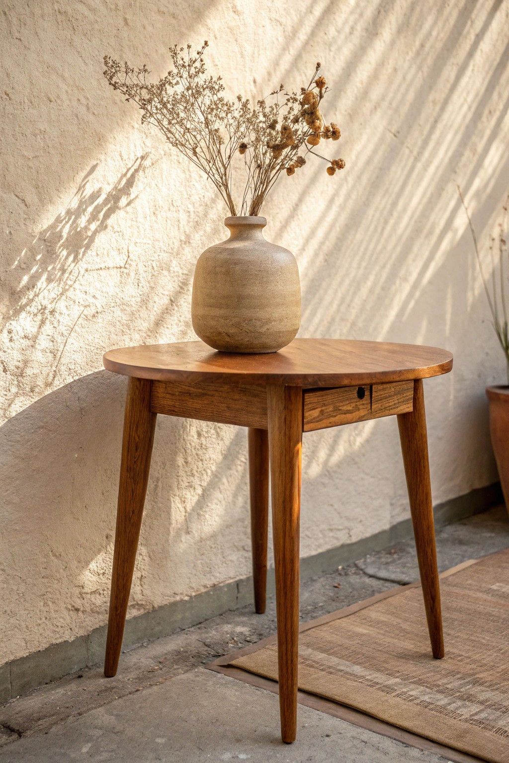A vintage side table and ceramic vase: timeless accents for a soulful mid-century modern living room.