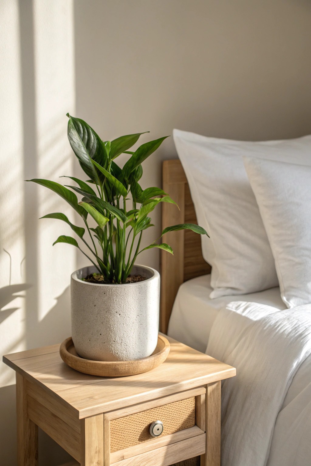 Bring life to your minimalist bedroom with a touch of fresh greenery.