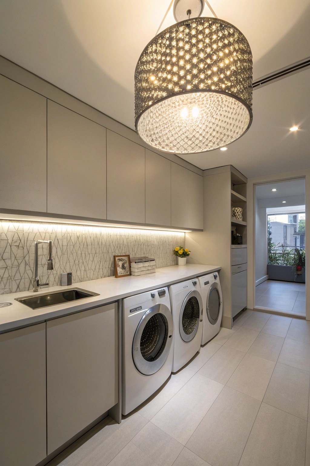 Thoughtful lighting adds both function and drama to the laundry experience.