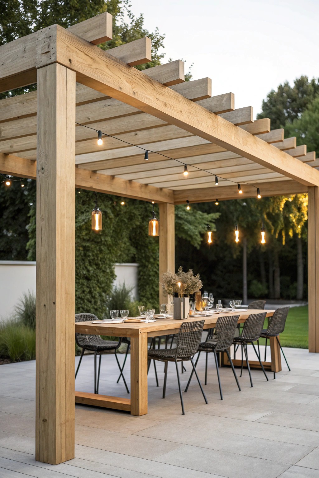 Elevate your al fresco dining experience with a beautifully crafted modern pergola.