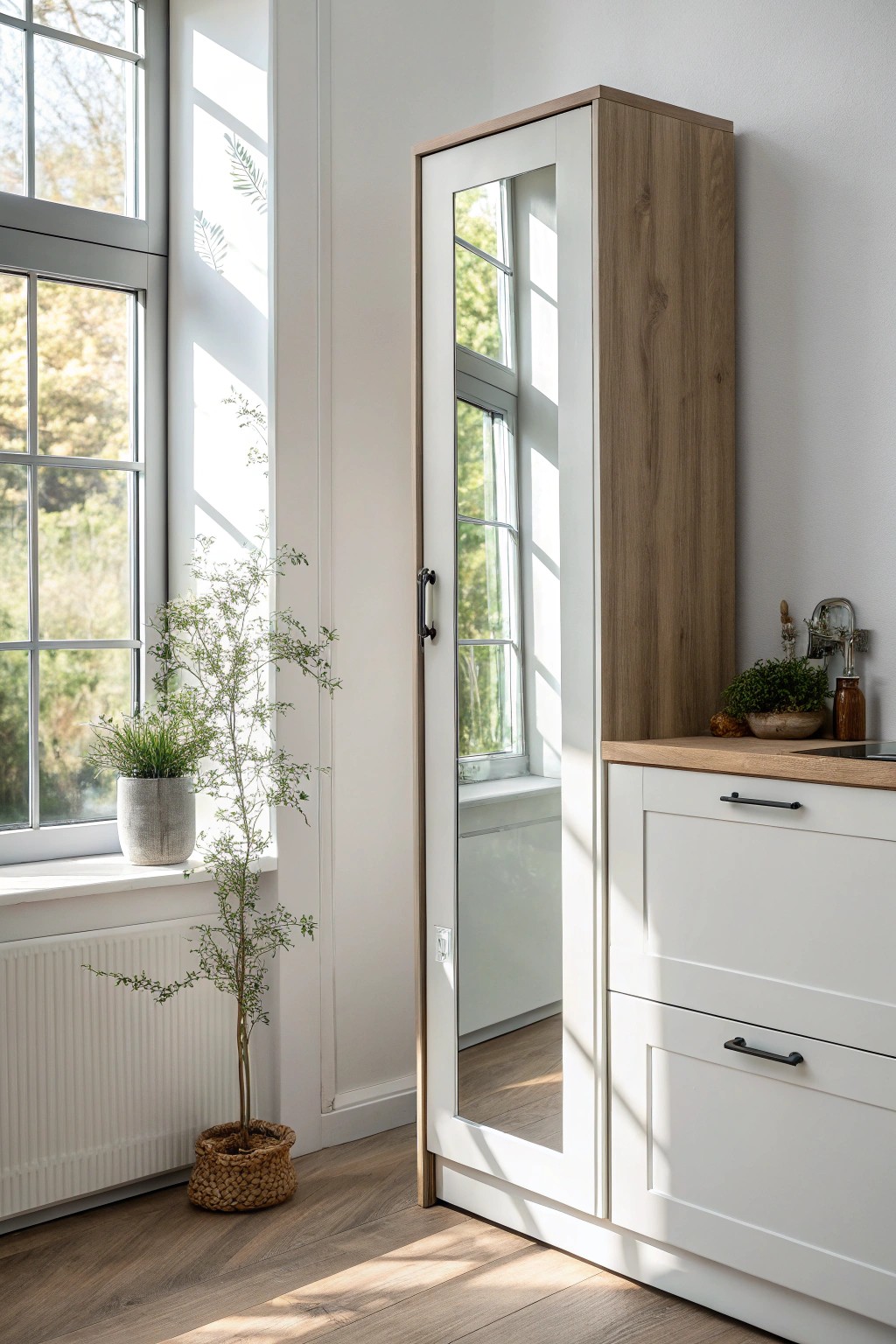 Open up your kitchen with the timeless elegance of mirrored surfaces.