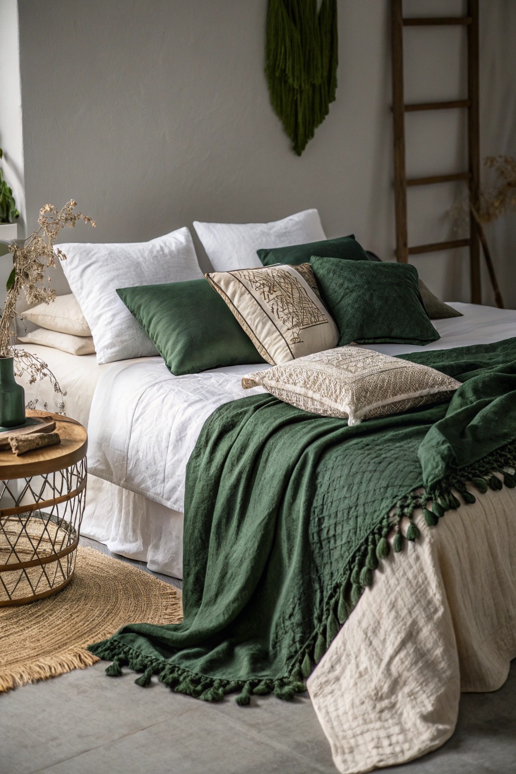 Embrace serene simplicity with layered monochrome bedding in deep green hues.
