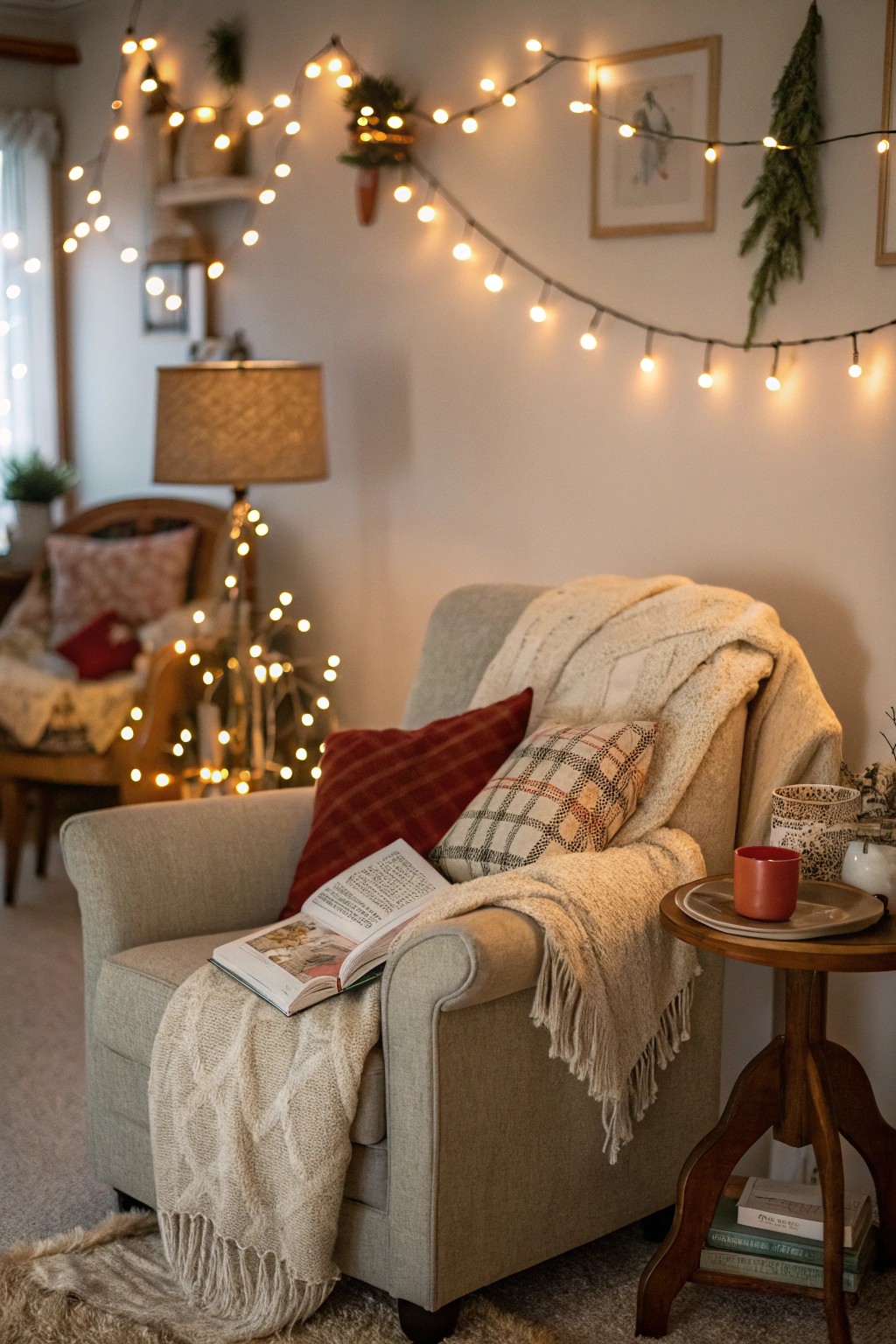 An intimate reading nook invites guests to relax and connect as the new year arrives.