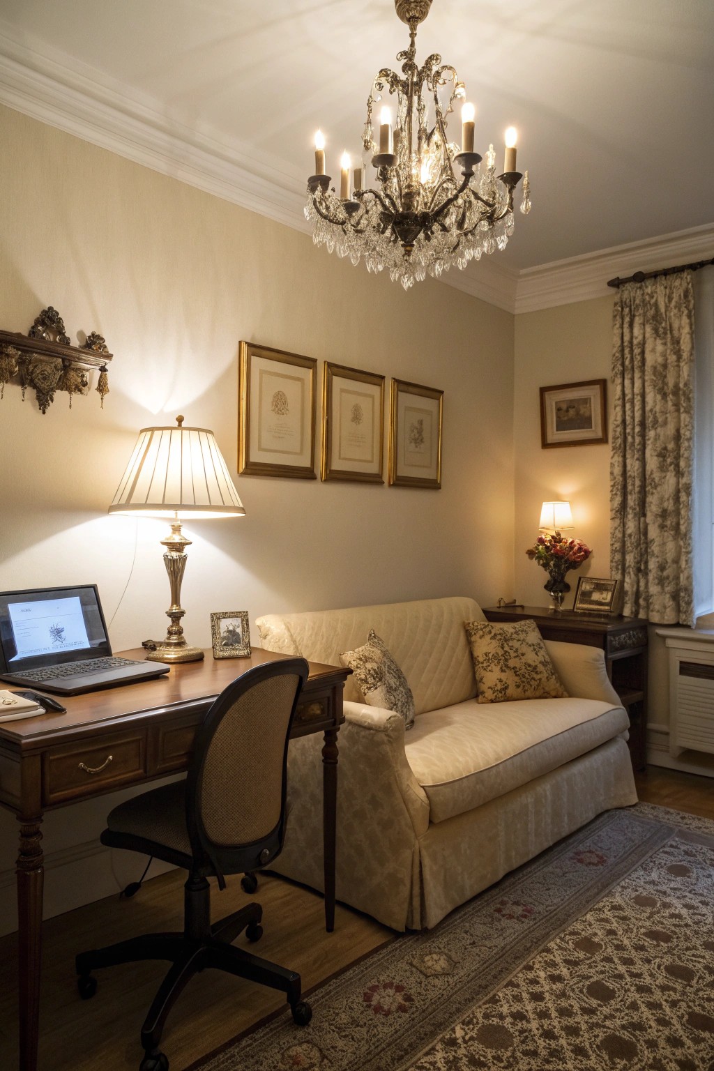 Layered lighting adapts the room's mood from focused to restful.
