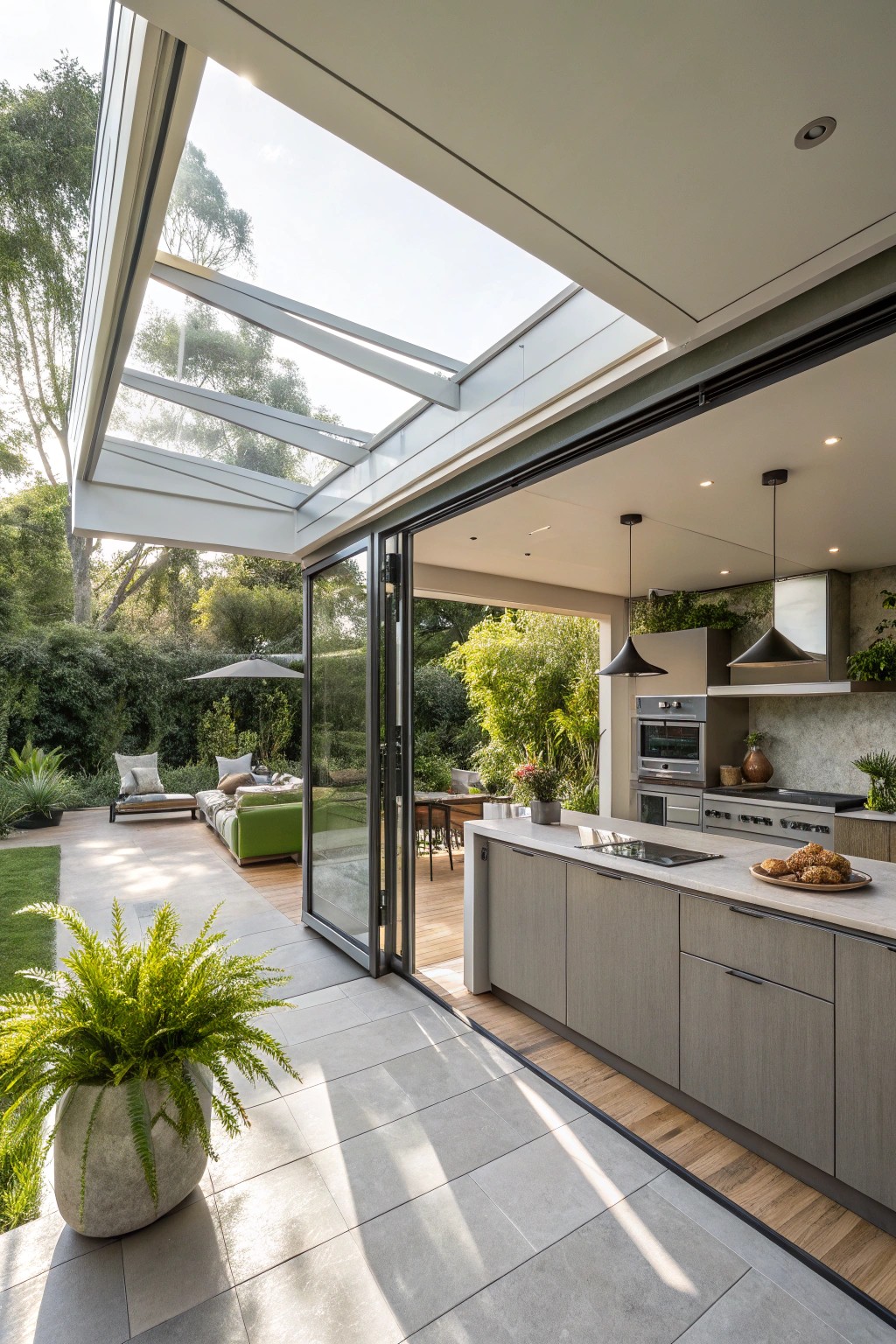 Retractable walls dissolve barriers, connecting kitchen and patio for true indoor-outdoor living.