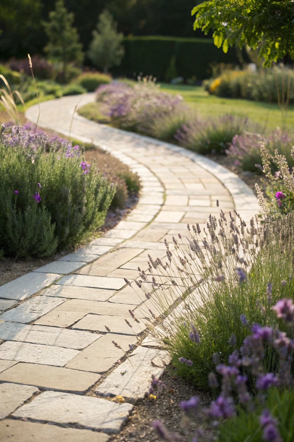 A crafted paver nestled among lush, fragrant lavender—natural beauty meets timeless simplicity.