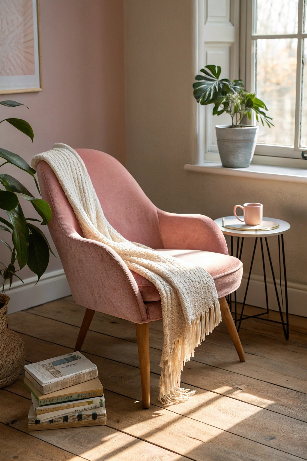 Create a dreamy pink reading nook with cozy textures and natural beauty.