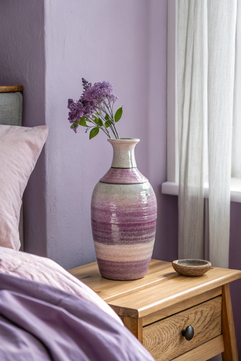 Monochrome magic: Layered purples bring serene depth to your bedroom sanctuary.