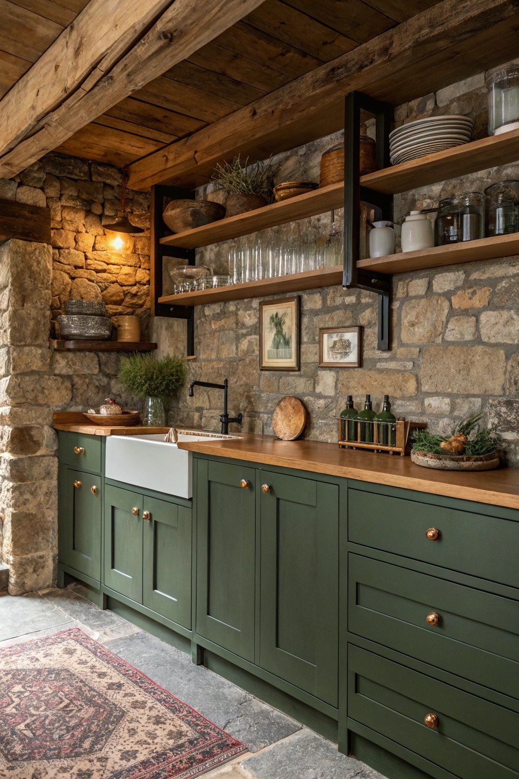 A splash of color on cabinetry gives rustic kitchens a fresh personality.
