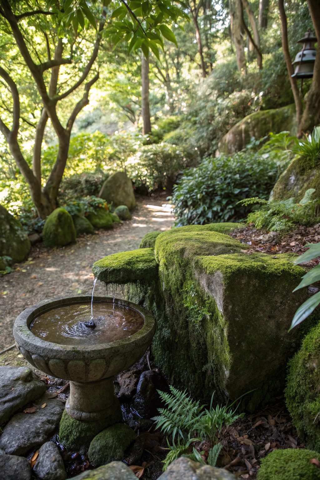 A bubbling water feature adds soothing sound and coolness to a shade garden.