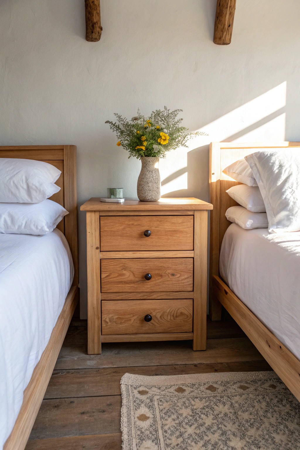 One shared nightstand—beautiful simplicity and smart storage for small bedrooms.