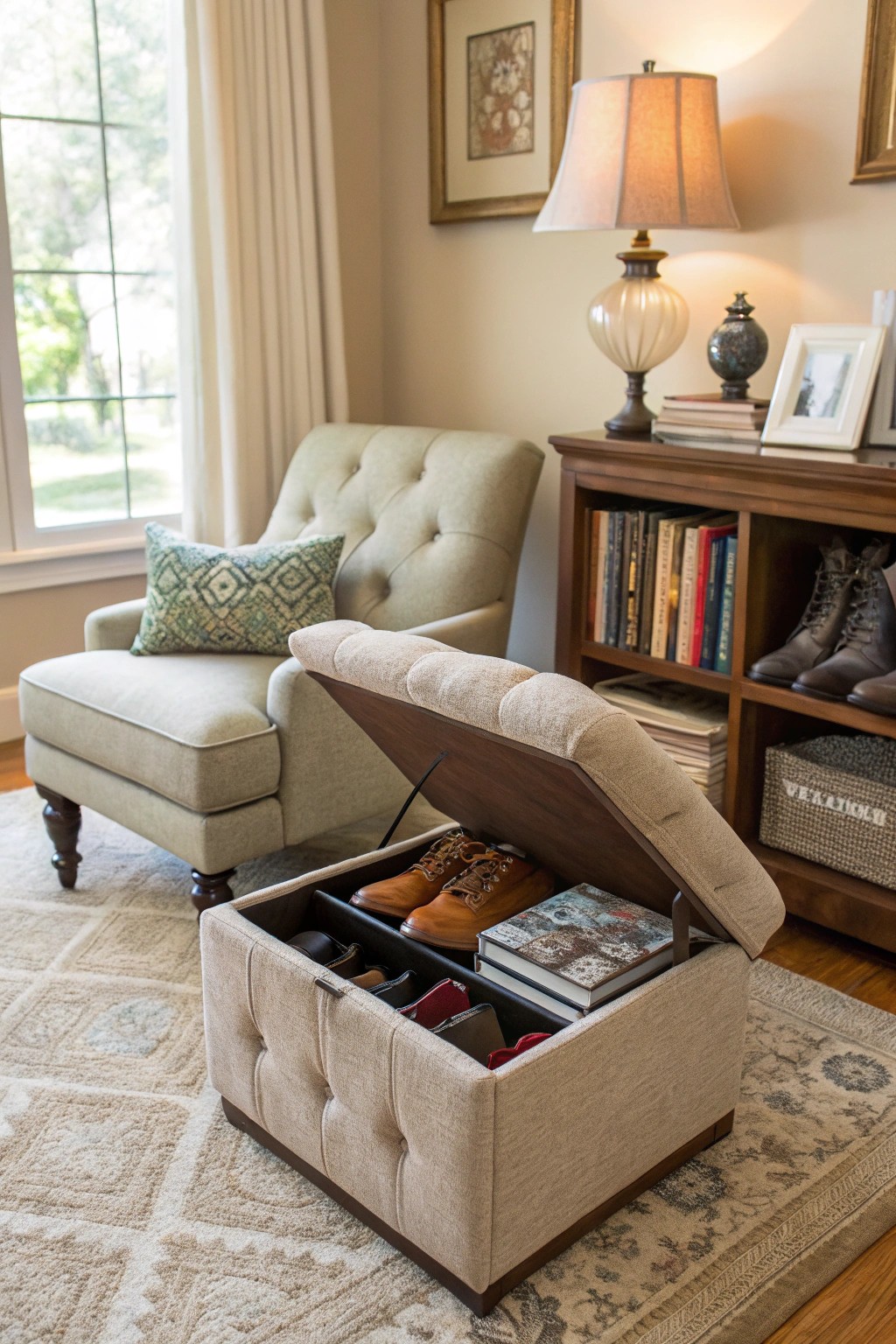 A stylish ottoman offers sneaky shoe storage and extra seating.