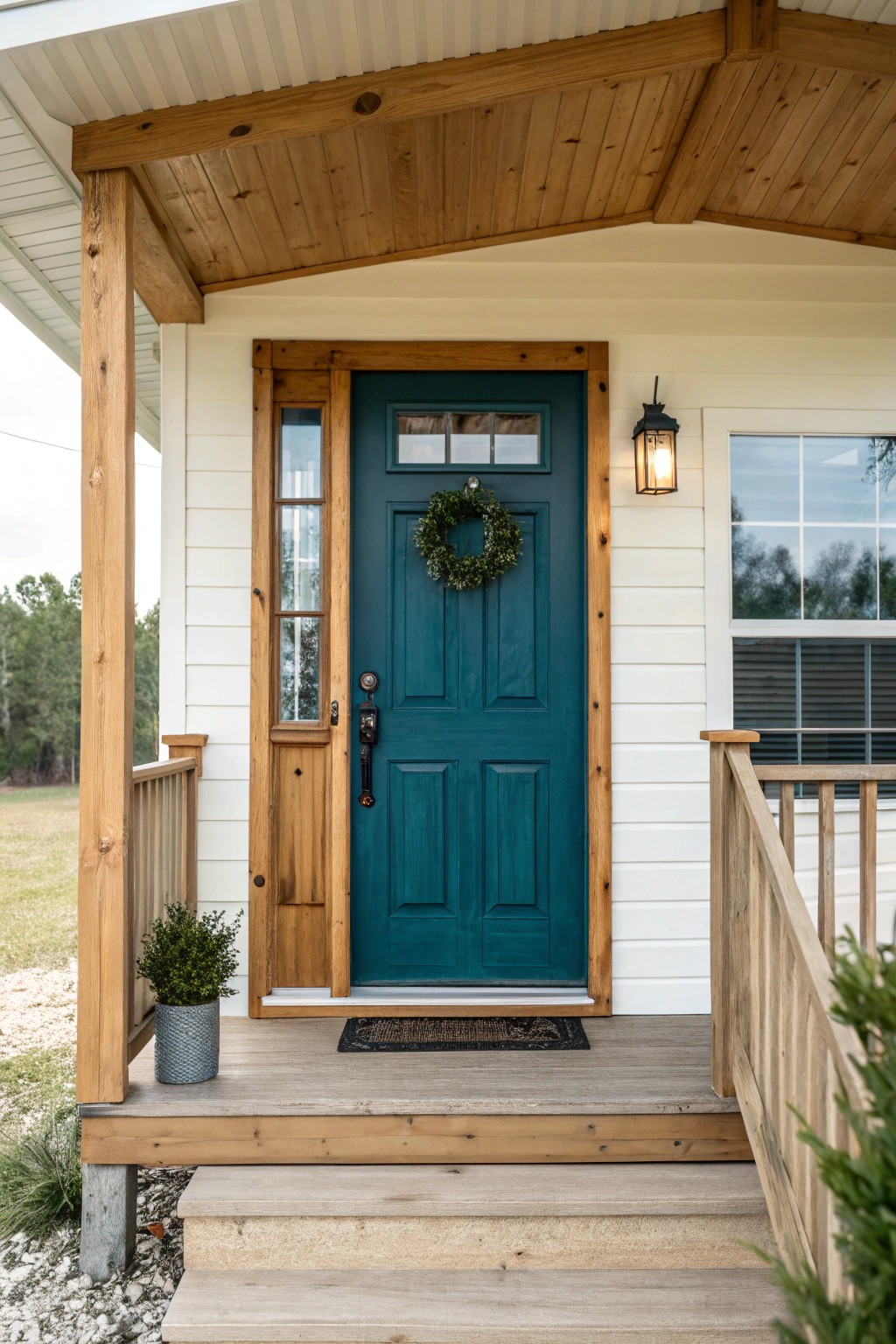 Make a statement with a bold, handcrafted porch door in deep teal.