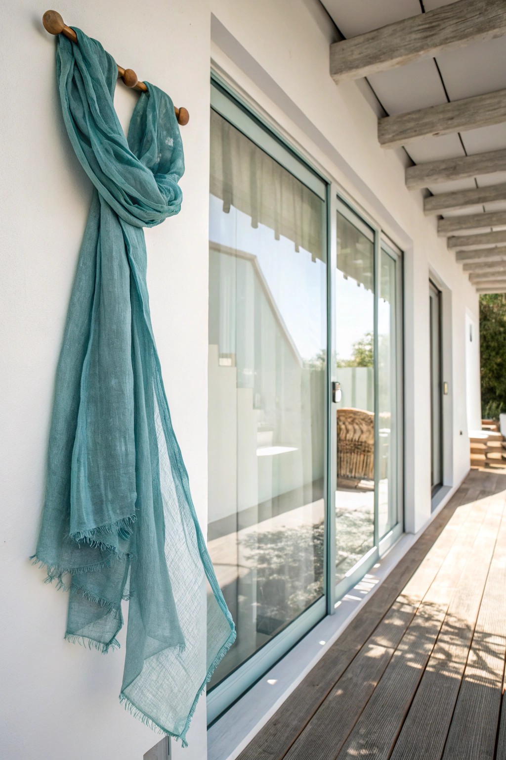Soft sophistication: a teal scarf swag brings boho charm to sliding glass doors.