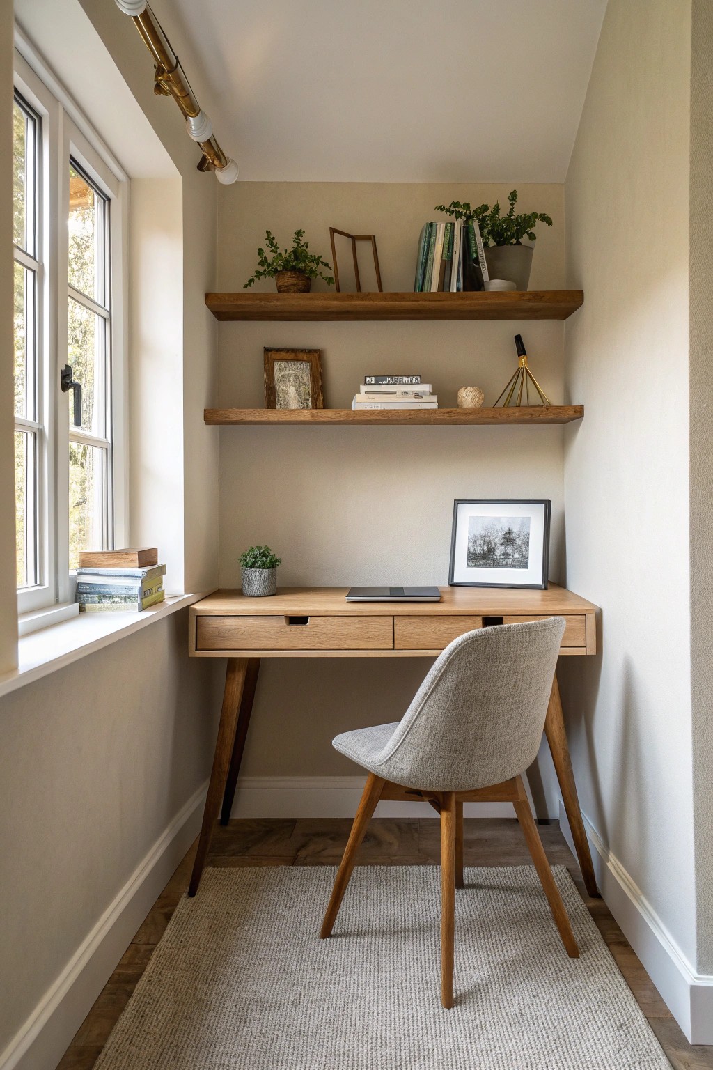 Transform your small basement with a simple, elegant compact desk setup.