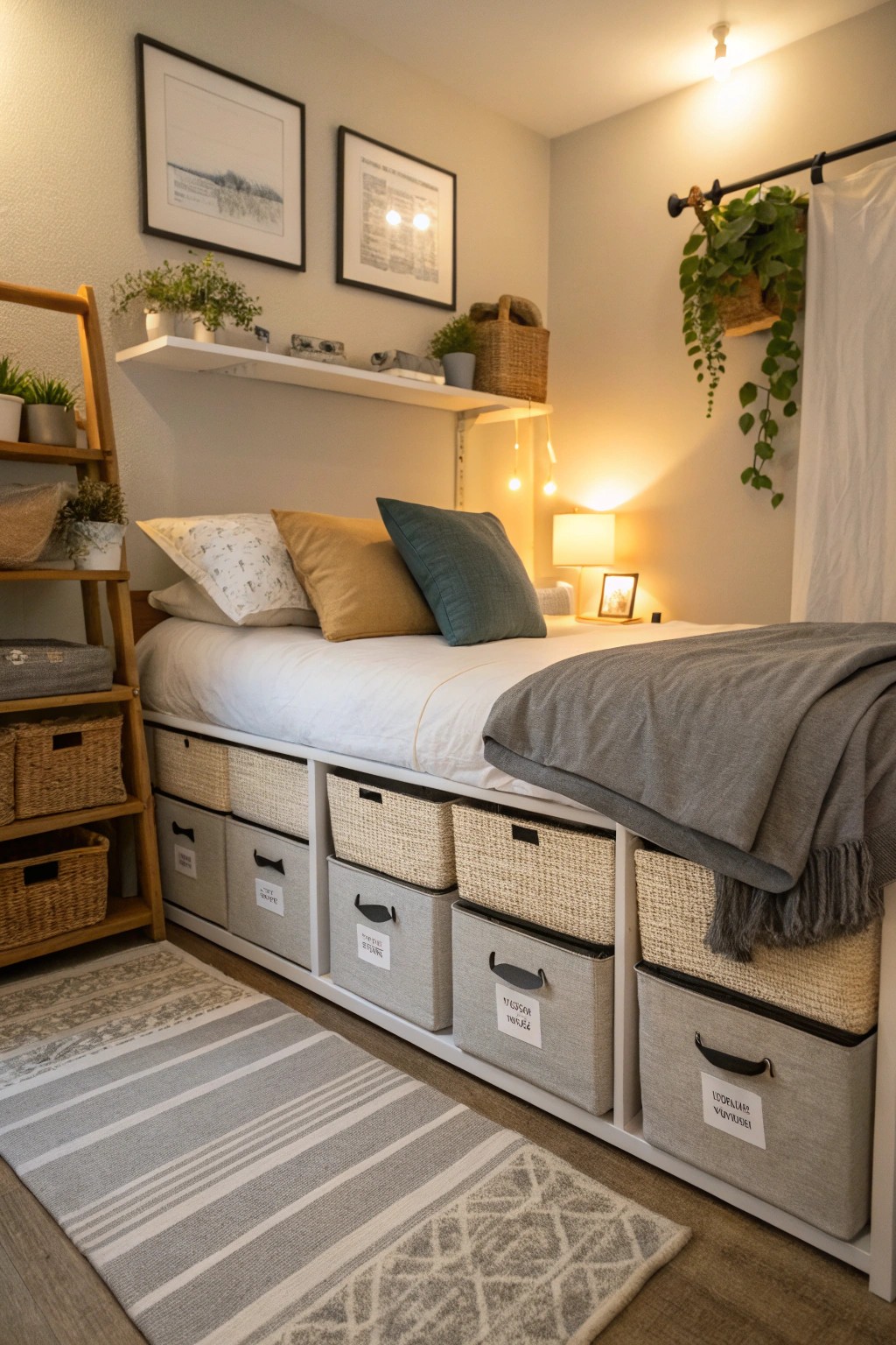Under-bed storage keeps small bedrooms uncluttered and organized.