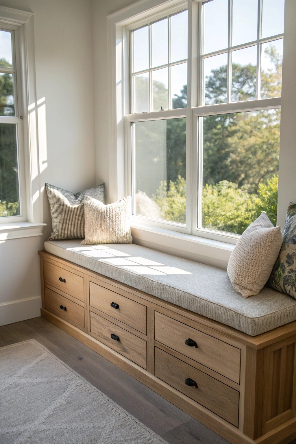 Cozy window seat: natural light, clever storage, and timeless comfort.