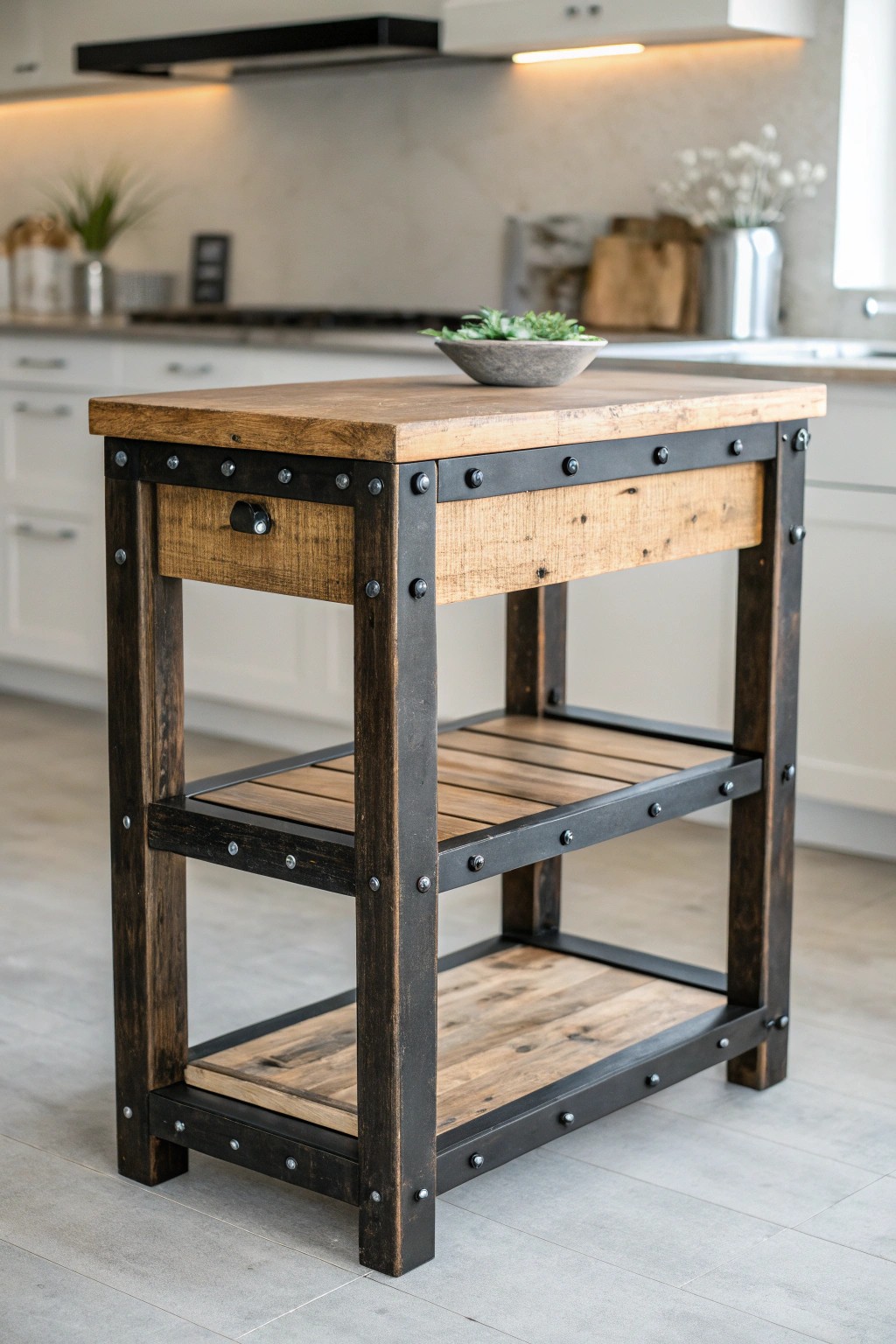 Elevate your small kitchen with an industrial-style island—where raw materials meet modern charm.