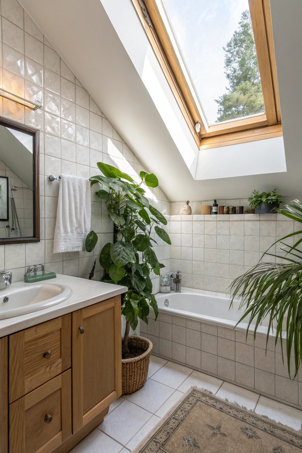A skylight brings abundant daylight into a compact bathroom.