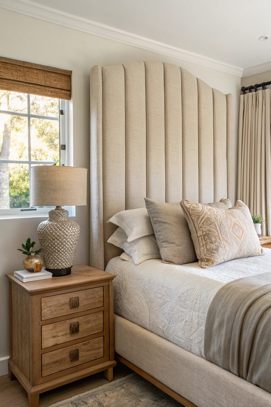 Elevate your space: a tall headboard draws the eye upward for effortless bedroom harmony.