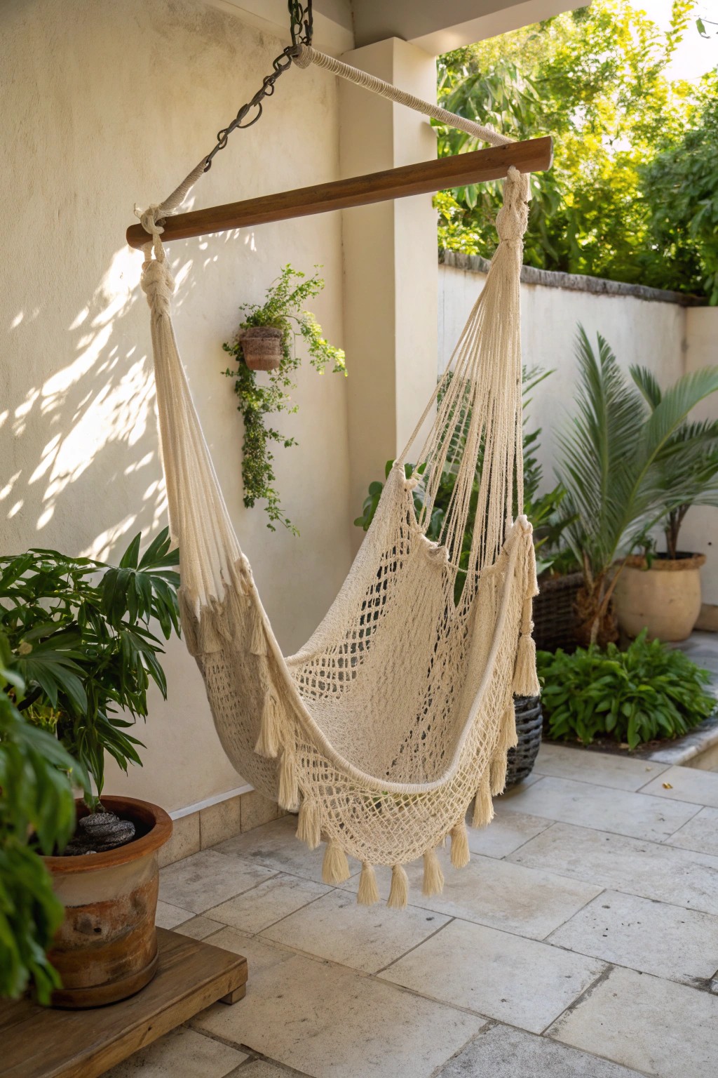 Elevate your patio with the simple charm of a handcrafted hammock chair.