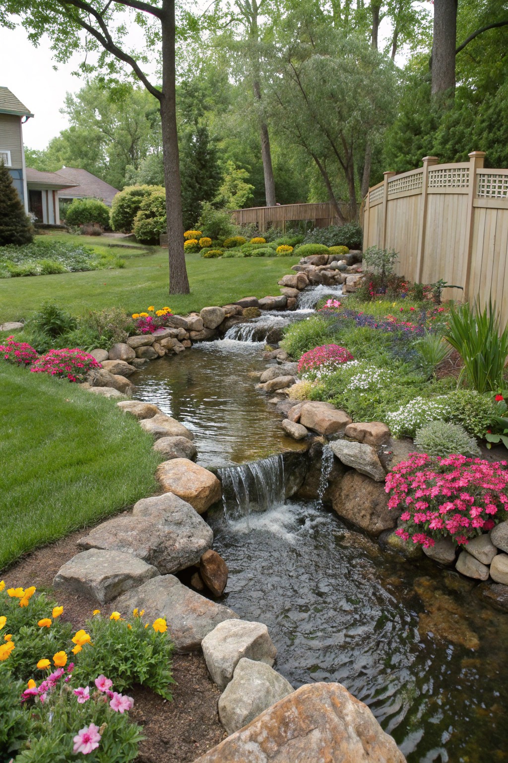 A winding rocky stream feeds into a small pond, creating movement and life.