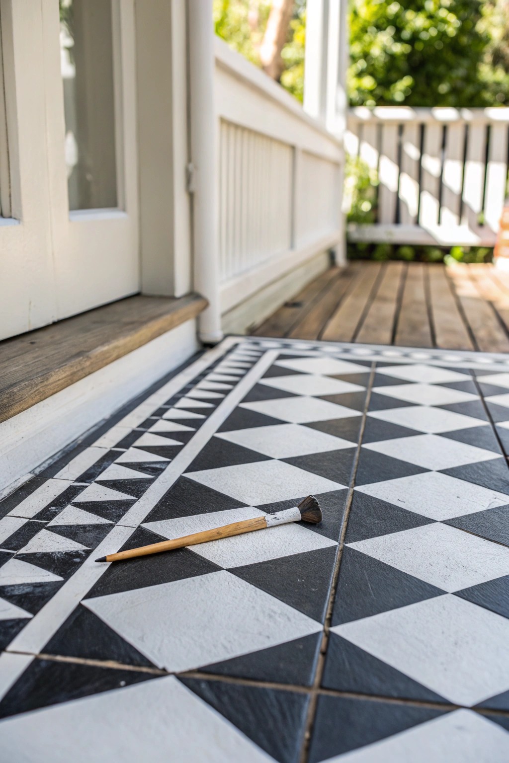 Elevate your small porch with a handcrafted checkerboard floor—simple, striking, and full of charm.