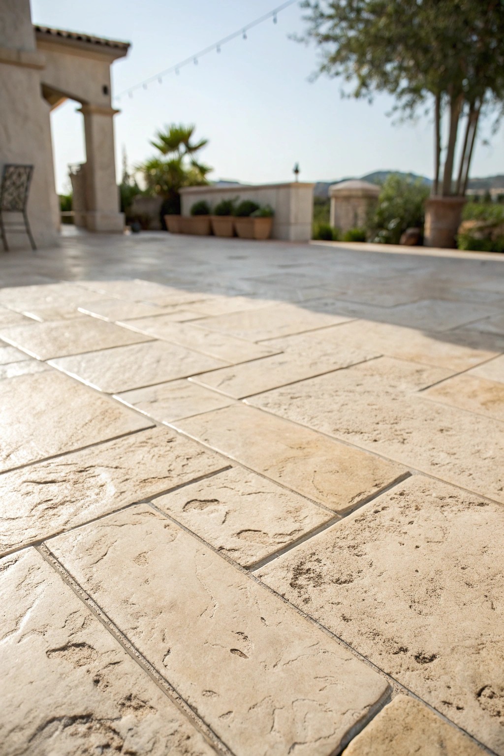 Bring Mediterranean luxury home with travertine-style stamped concrete elegance.