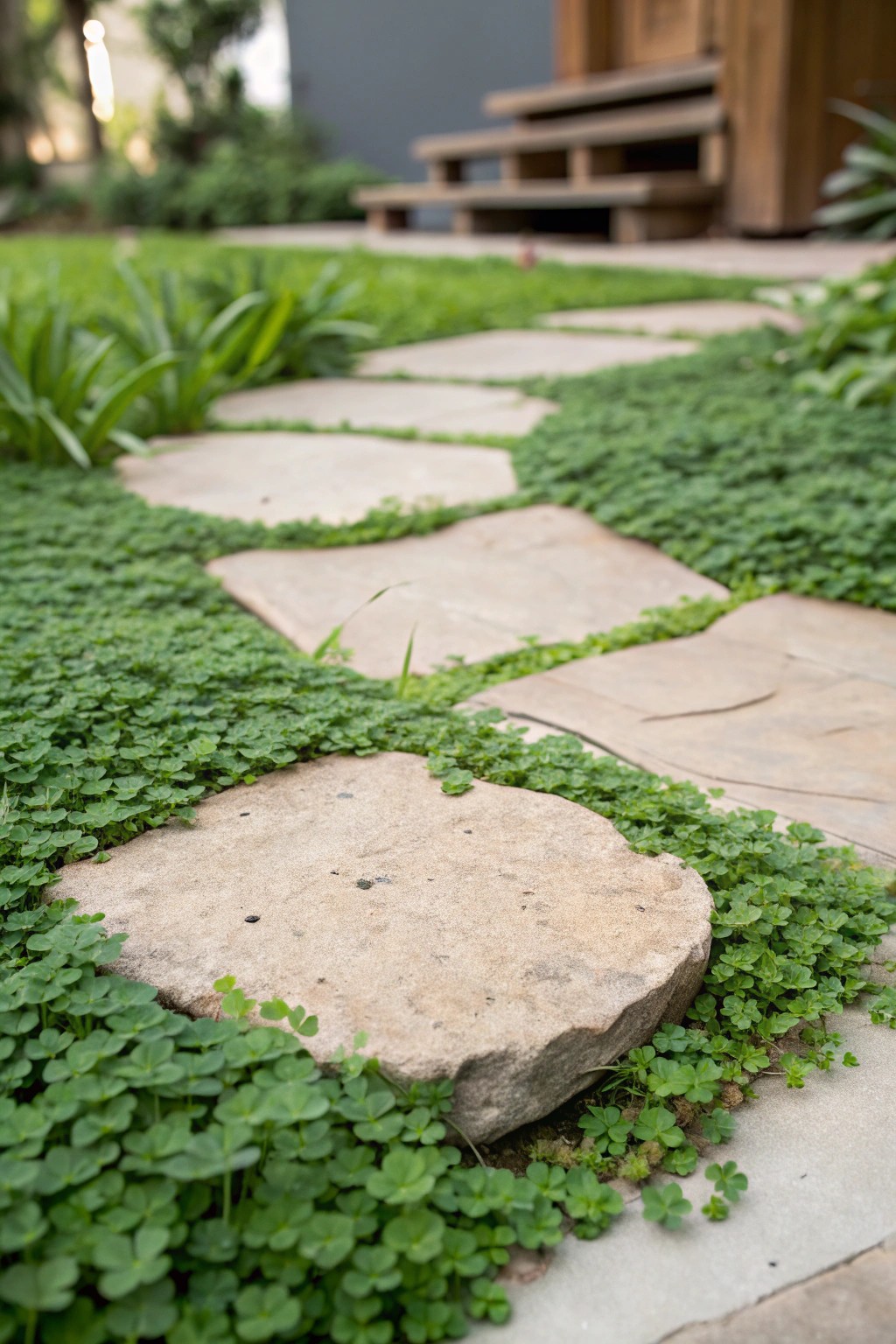 Natural charm: a stepping stone patio with lush green ground cover.