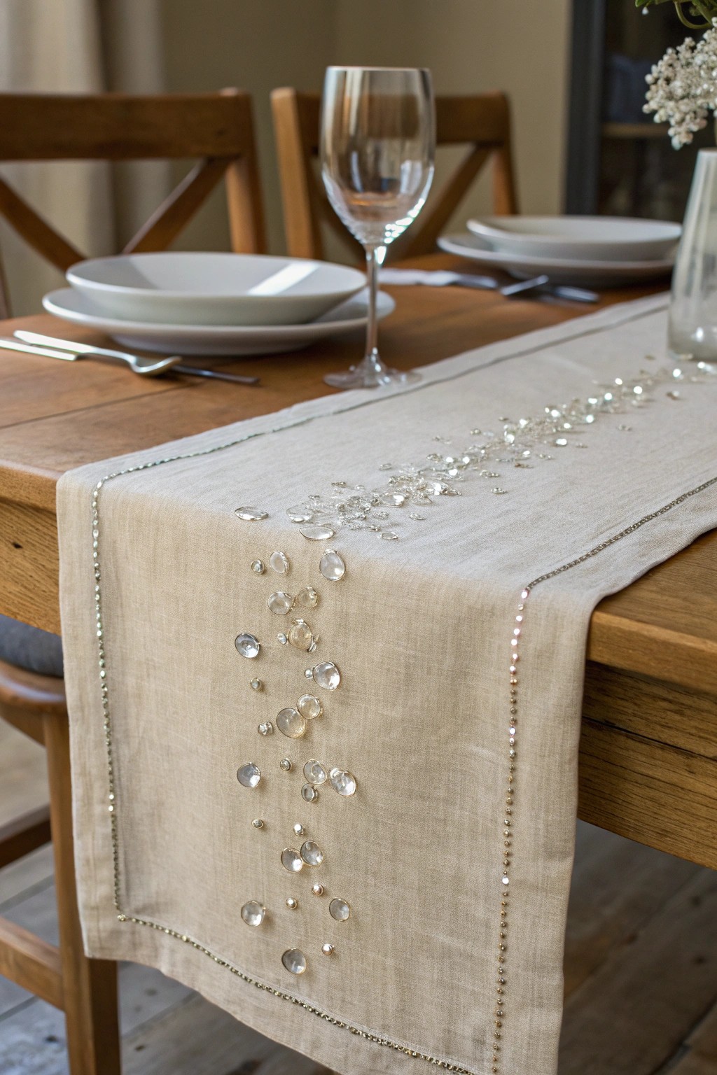 Elevate your table with the natural elegance and subtle sparkle of a hand-beaded linen runner.