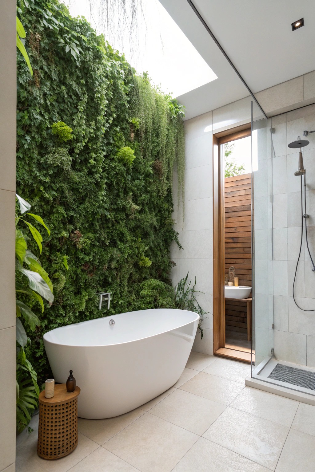 Transform your bath ritual with a lush vertical garden wall beside the tub—nature meets modern simplicity.