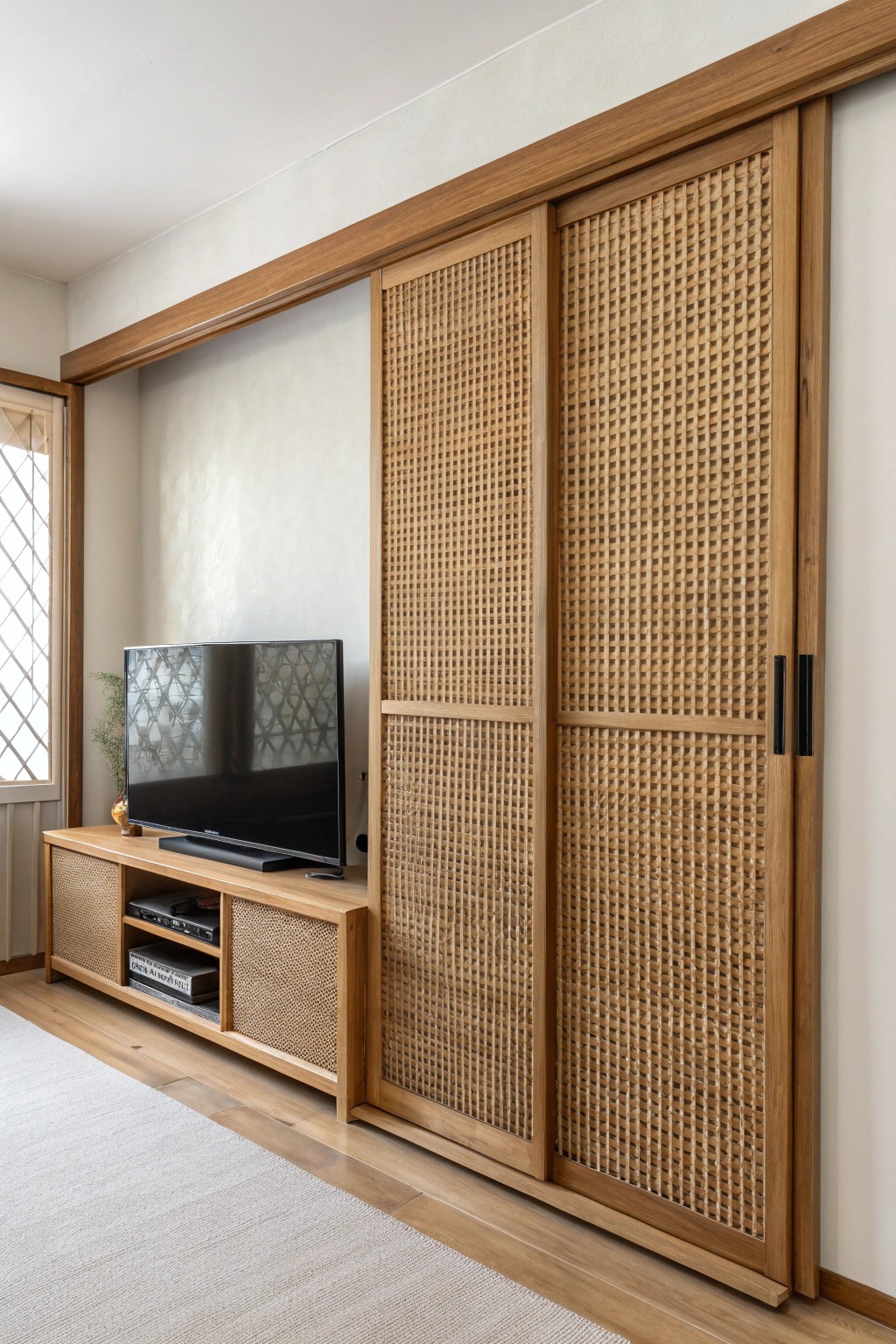 Hide your TV in style with handcrafted cane sliding panels—beauty meets function.