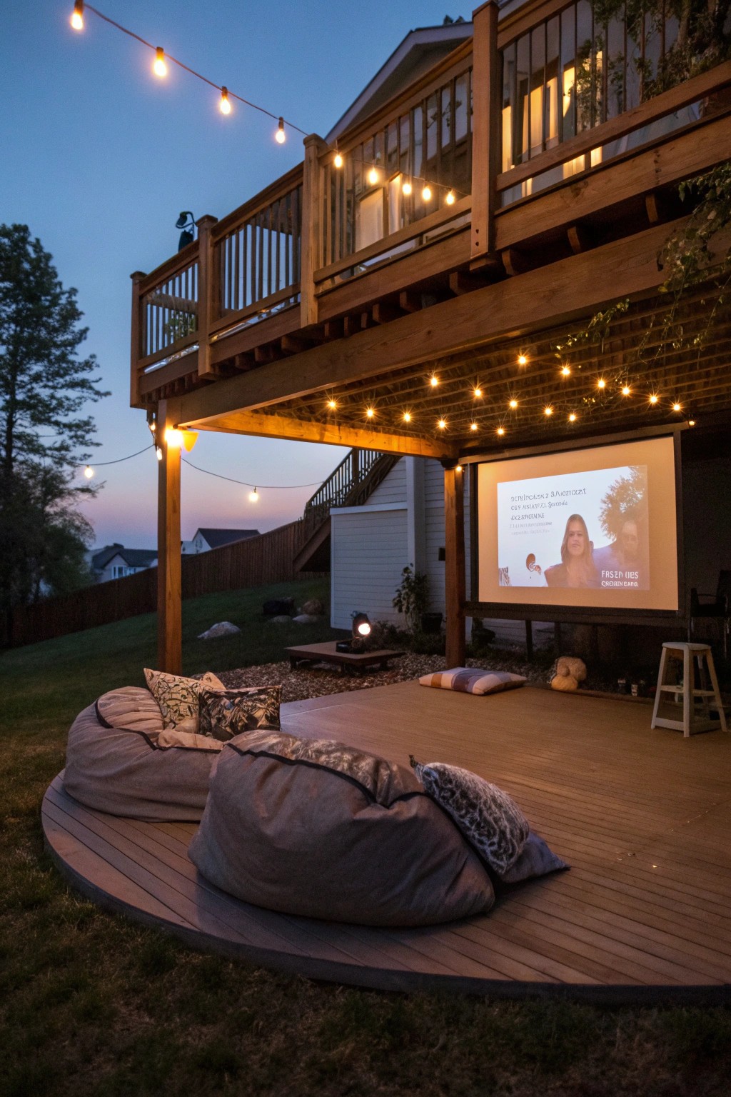 Movie night comes alive under the deck, combining comfort and cinematic magic.