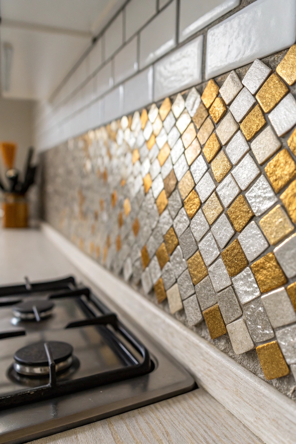 Add luminous charm to your kitchen with handcrafted mosaic metallic tiles.
